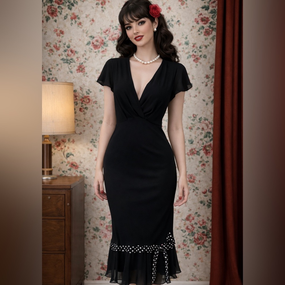 La Jolie Y2K Black Chiffon Ribbon Ruffle Empire Waist  Whimsigoth Dress Size 10